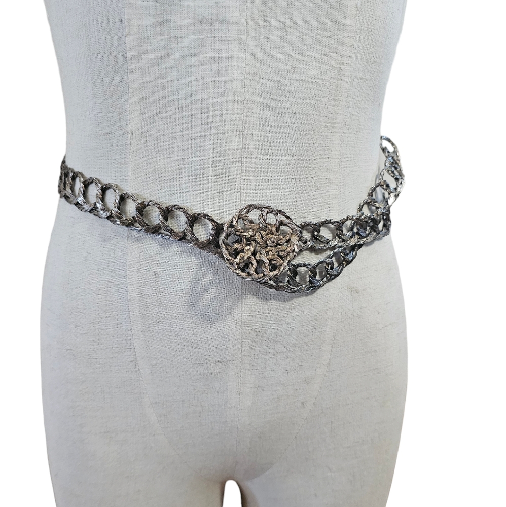 Vintage Gold Tone Wire Weave Belt with Flower Buckle